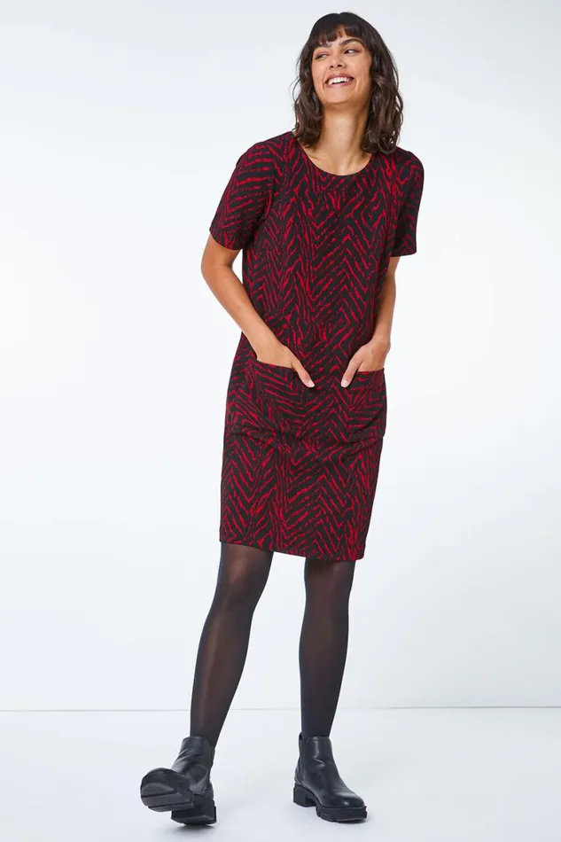 Women Red Textured Animal Print Stretch Tunic Dress Roman Dresses