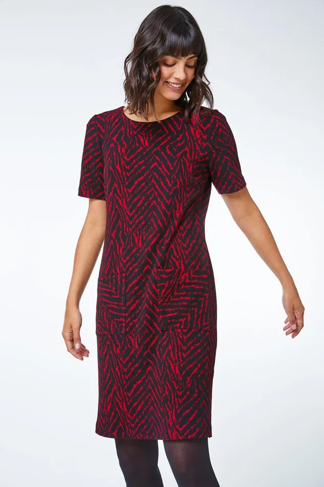 Women Red Textured Animal Print Stretch Tunic Dress Roman Dresses