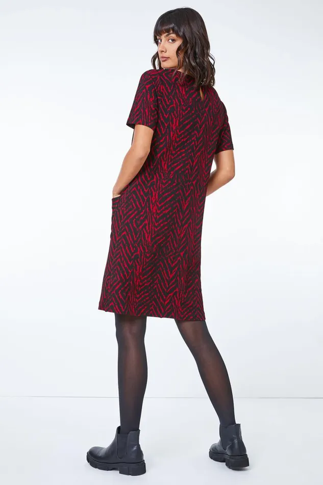 Women Red Textured Animal Print Stretch Tunic Dress Roman Dresses