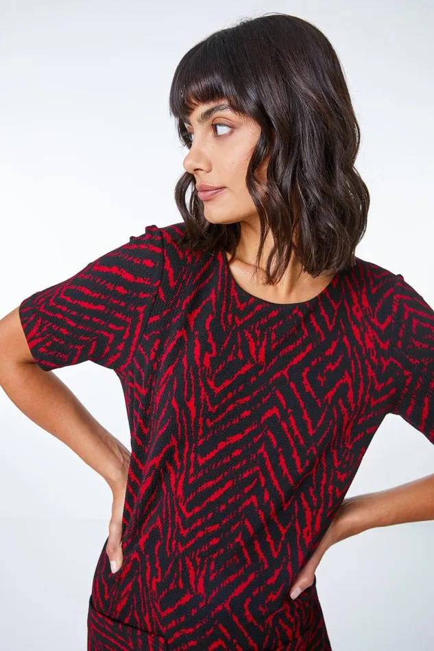 Women Red Textured Animal Print Stretch Tunic Dress Roman Dresses