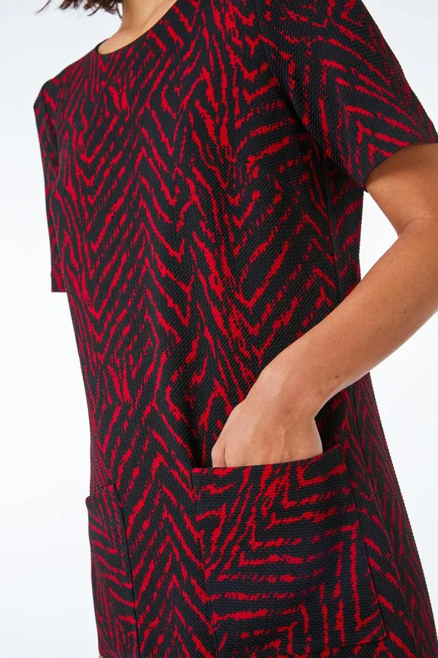 Women Red Textured Animal Print Stretch Tunic Dress Roman Dresses