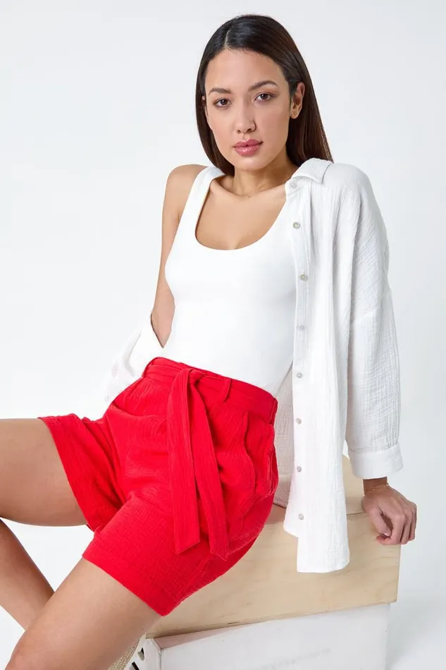 Women Red Textured Elastic Tie Waist Cotton Shorts Roman Shorts
