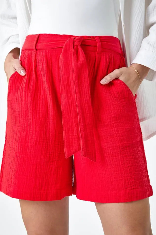 Women Red Textured Elastic Tie Waist Cotton Shorts Roman Shorts