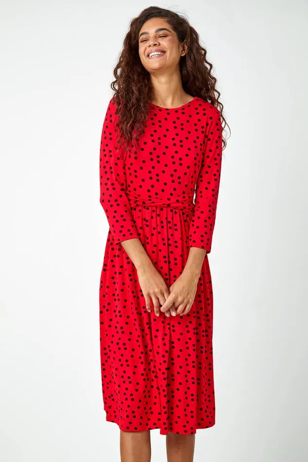 Women Red Twist Waist Spot Print Stretch Dress Roman Dresses