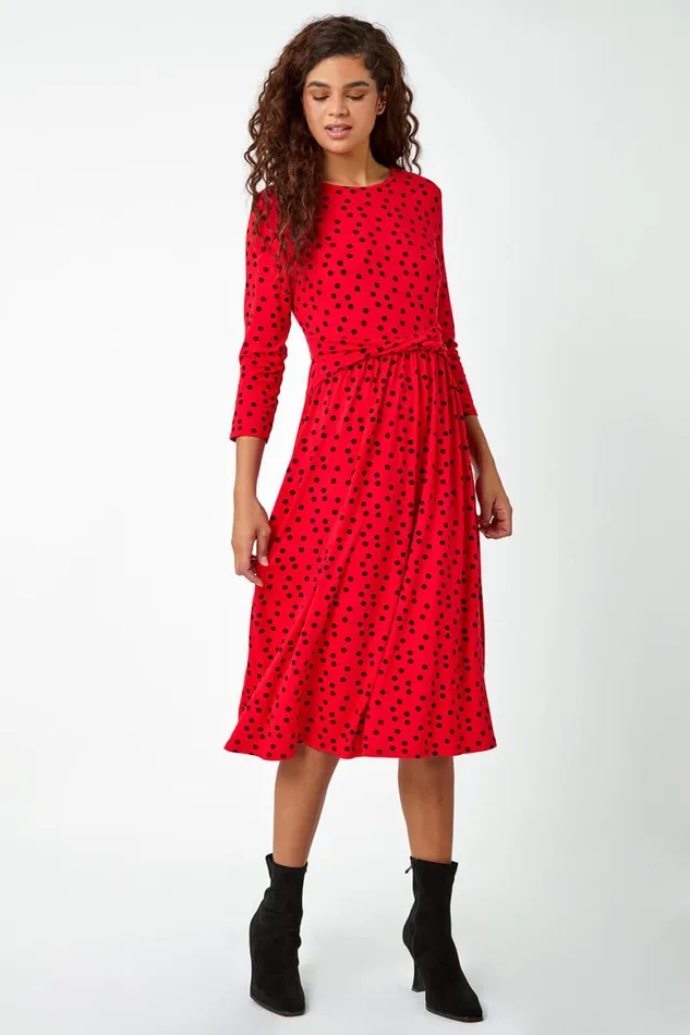Women Red Twist Waist Spot Print Stretch Dress Roman Dresses