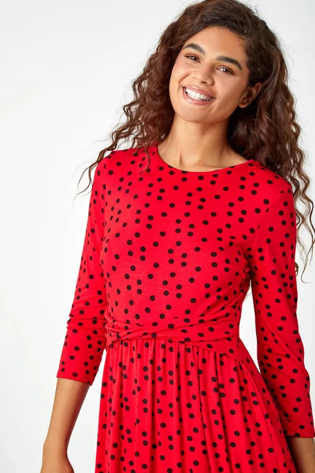 Women Red Twist Waist Spot Print Stretch Dress Roman Dresses