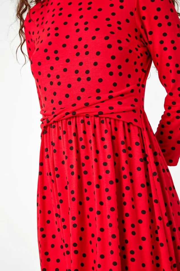 Women Red Twist Waist Spot Print Stretch Dress Roman Dresses