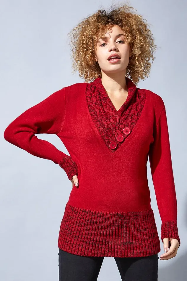Women Red VNeck Overlap Button Detail Jumper Roman Knitwear