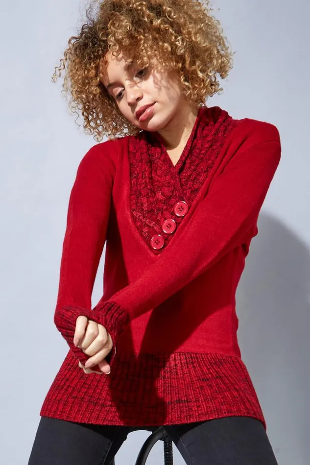 Women Red VNeck Overlap Button Detail Jumper Roman Knitwear
