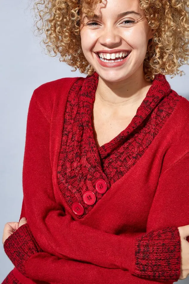 Women Red VNeck Overlap Button Detail Jumper Roman Knitwear