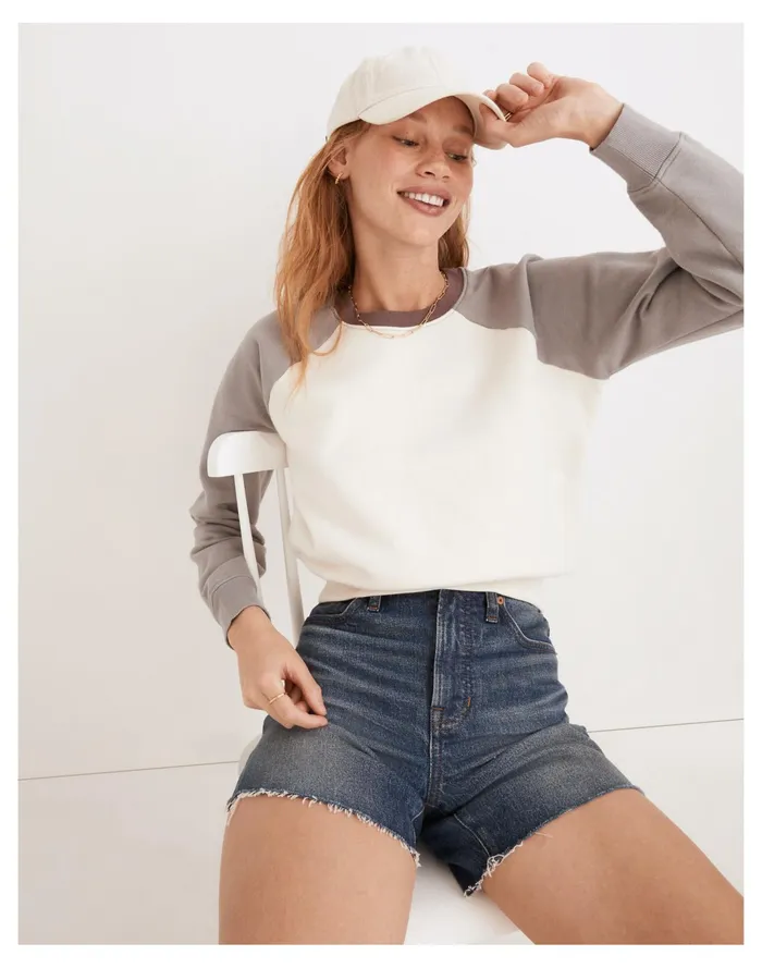 Women Rivet and Thread Colorblock Raglan Sweatshirt Antique Cream Light Graphite Madewell Tees Women Rivet and Thread Colorblock Raglan Sweatshirt Antique Cream Light Graphite Madewell Tees