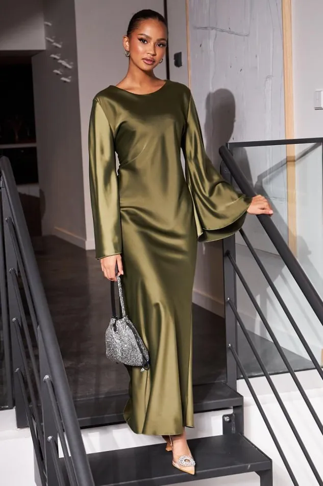 Women Robe Ample Satine Kaki Khaki Brentiny Paris Ceremonial Outfits