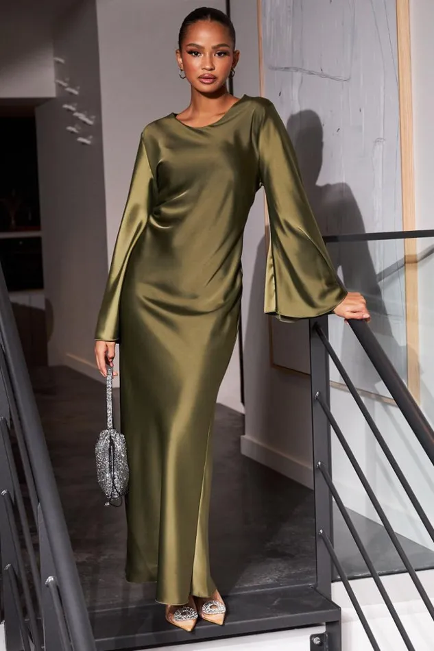 Women Robe Ample Satine Kaki Khaki Brentiny Paris Ceremonial Outfits