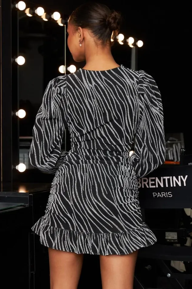 Women Robe Argente Rayures Paillets Silver Brentiny Paris Short Dresses