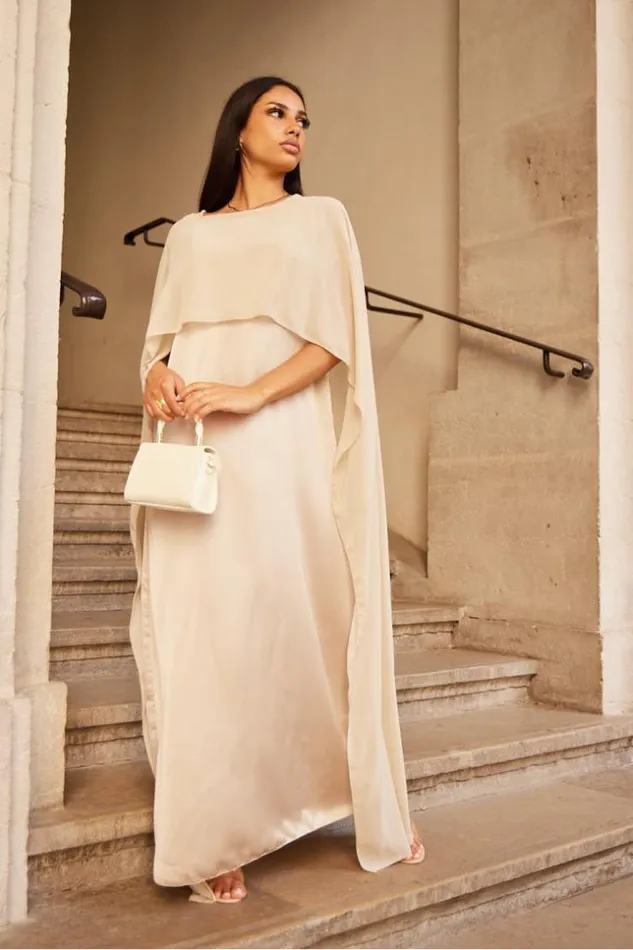 Women Robe Beige Ample Satine Empicement Voile Beige Brentiny Paris Short Dresses