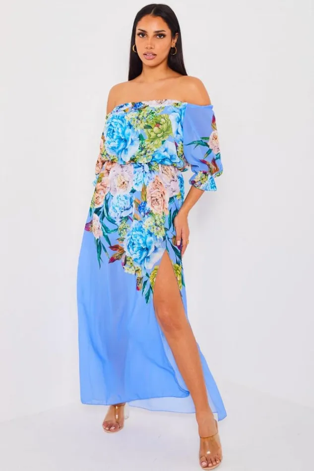 Women Robe Bleue Longue En Voile Fleur Blue Brentiny Paris Short Dresses
