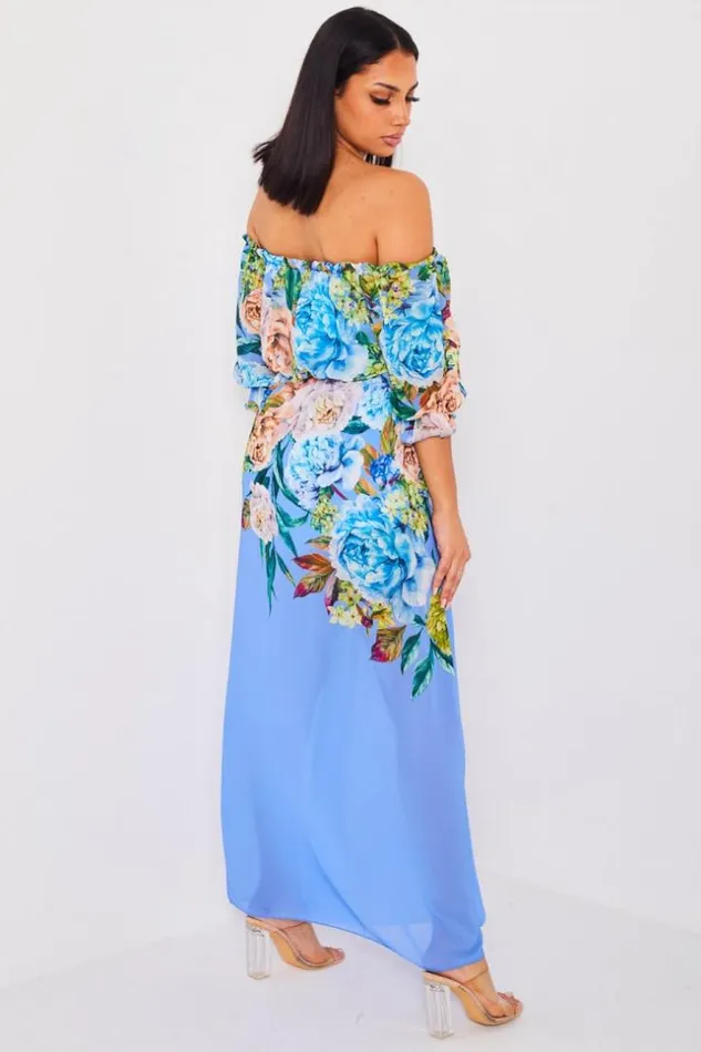 Women Robe Bleue Longue En Voile Fleur Blue Brentiny Paris Short Dresses