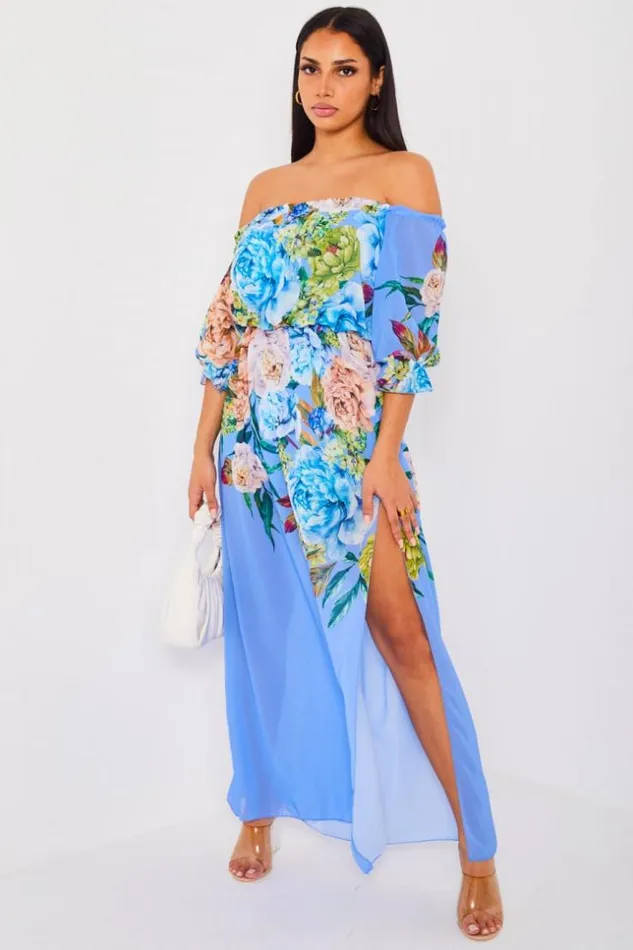 Women Robe Bleue Longue En Voile Fleur Blue Brentiny Paris Short Dresses