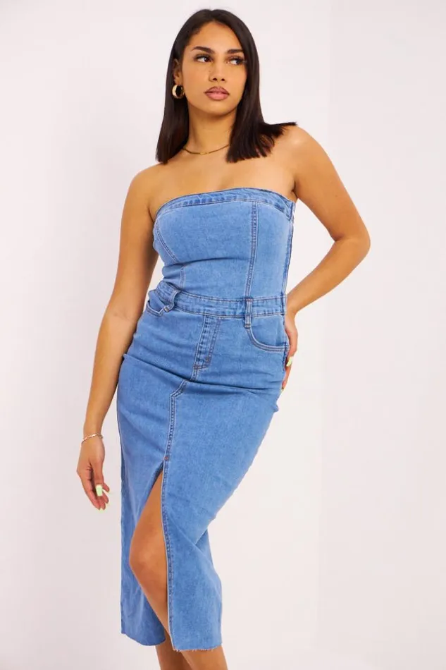 Women Robe Bustier En Jeans Bleu Blue Brentiny Paris Denim Dresses