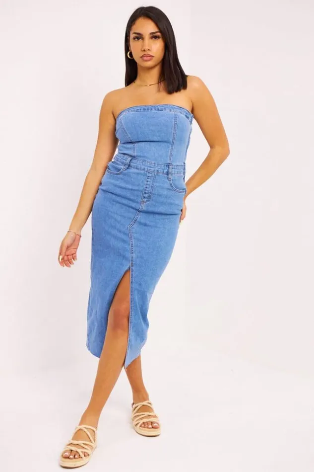 Women Robe Bustier En Jeans Bleu Blue Brentiny Paris Denim Dresses