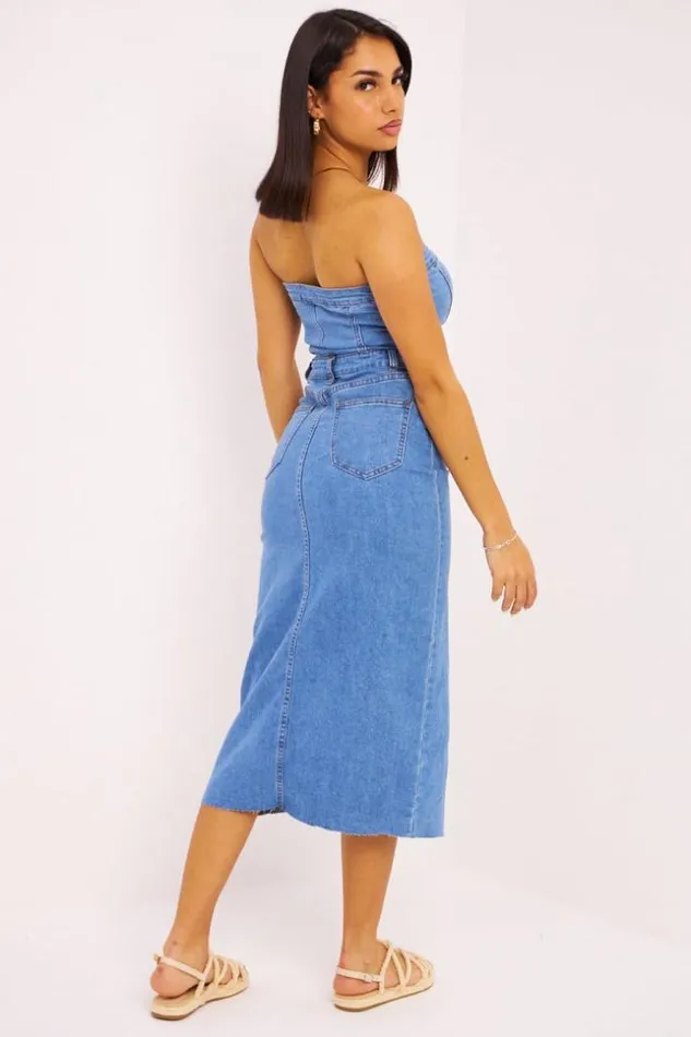 Women Robe Bustier En Jeans Bleu Blue Brentiny Paris Denim Dresses