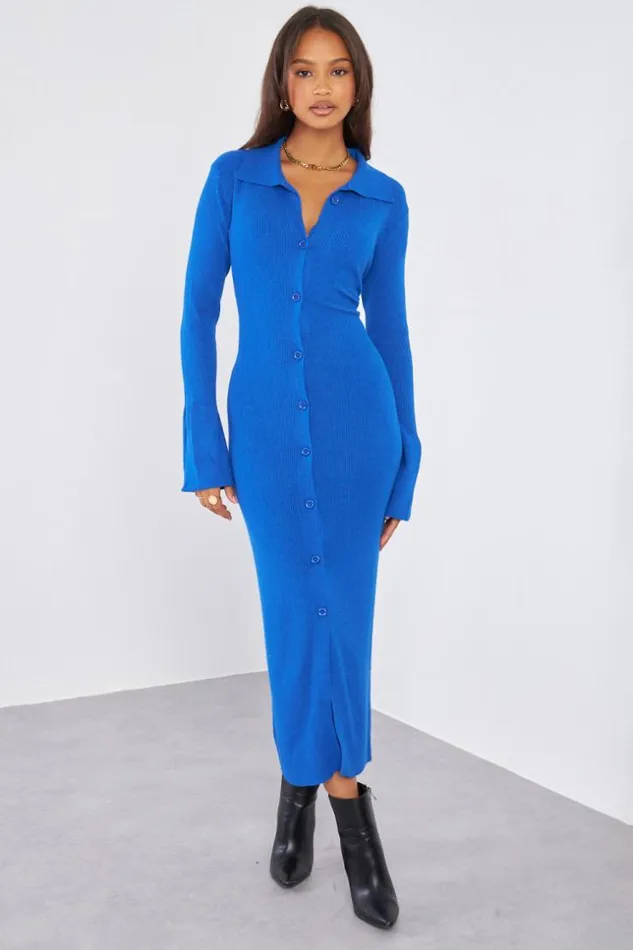 Women Robe Chemise Bleu Fonc Boutons Blue Brentiny Paris Short Dresses