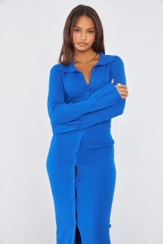 Women Robe Chemise Bleu Fonc Boutons Blue Brentiny Paris Short Dresses