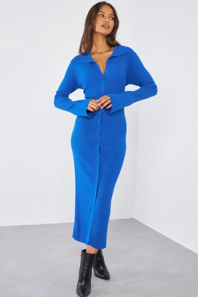 Women Robe Chemise Bleu Fonc Boutons Blue Brentiny Paris Short Dresses