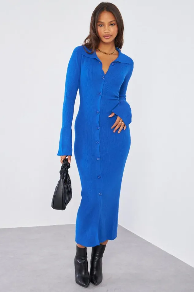 Women Robe Chemise Bleu Fonc Boutons Blue Brentiny Paris Short Dresses