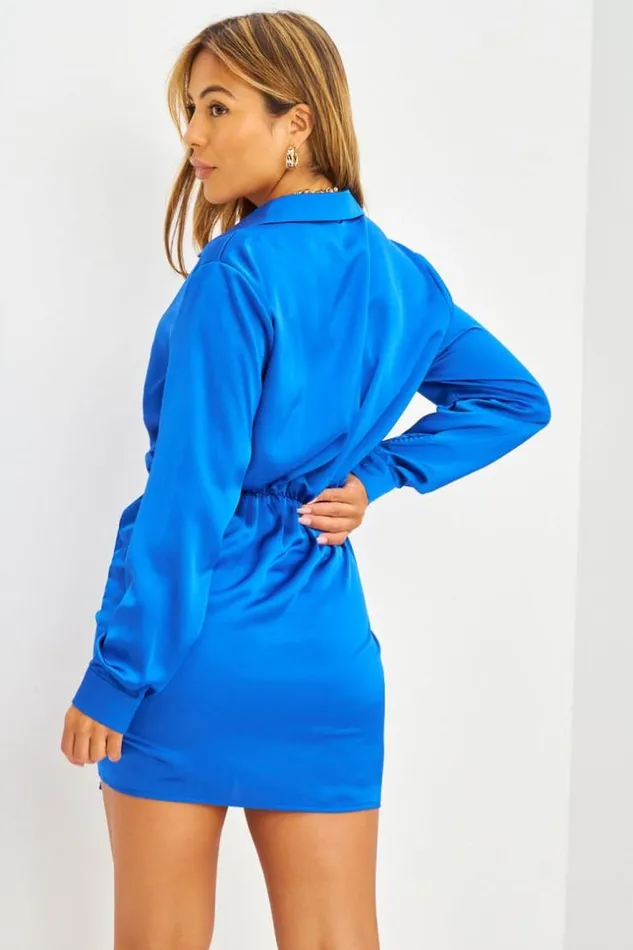 Women Robe Courte Bleue Satine Et Fronce Blue Brentiny Paris Satin Dresses