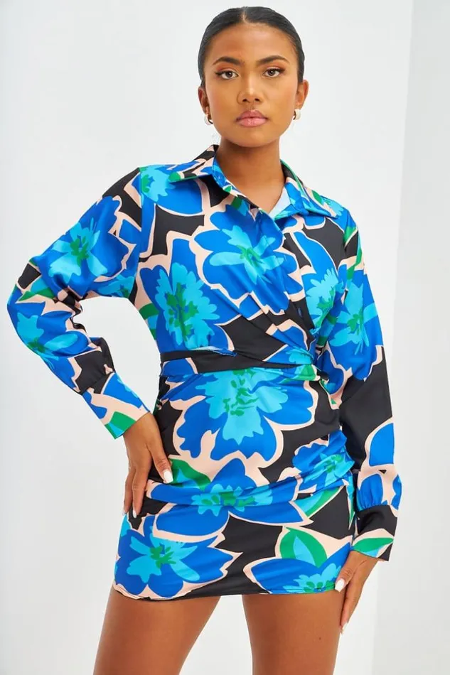 Women Robe Courte Satine Grosses Fleurs Bleues Blue Brentiny Paris Satin Dresses