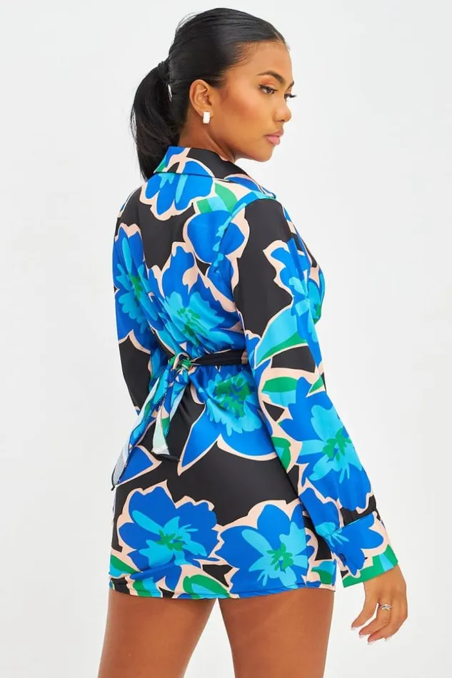 Women Robe Courte Satine Grosses Fleurs Bleues Blue Brentiny Paris Satin Dresses Women Robe Courte Satine Grosses Fleurs Bleues Blue Brentiny Paris Satin Dresses