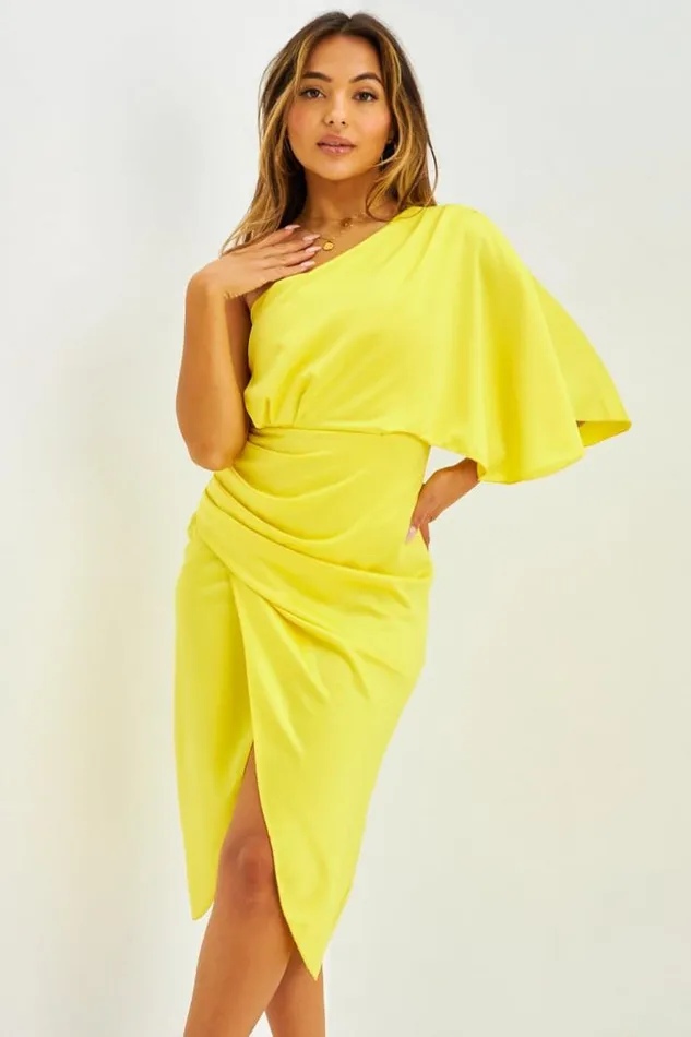 Women Robe Drape Asymtrique Orange Yellow Brentiny Paris Satin Dresses