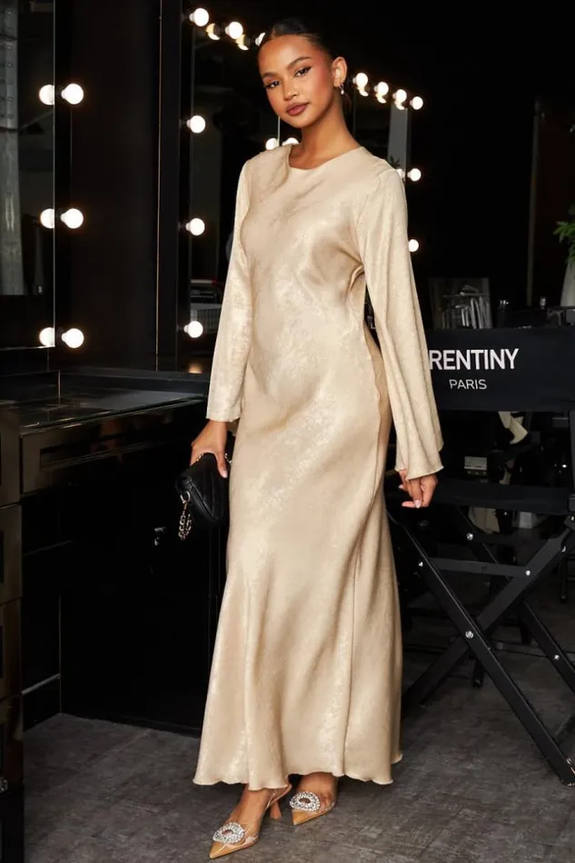 Women Robe Longue Beige Satine Et Paillete Beige Brentiny Paris Ceremonial Outfits Women Robe Longue Beige Satine Et Paillete Beige Brentiny Paris Ceremonial Outfits