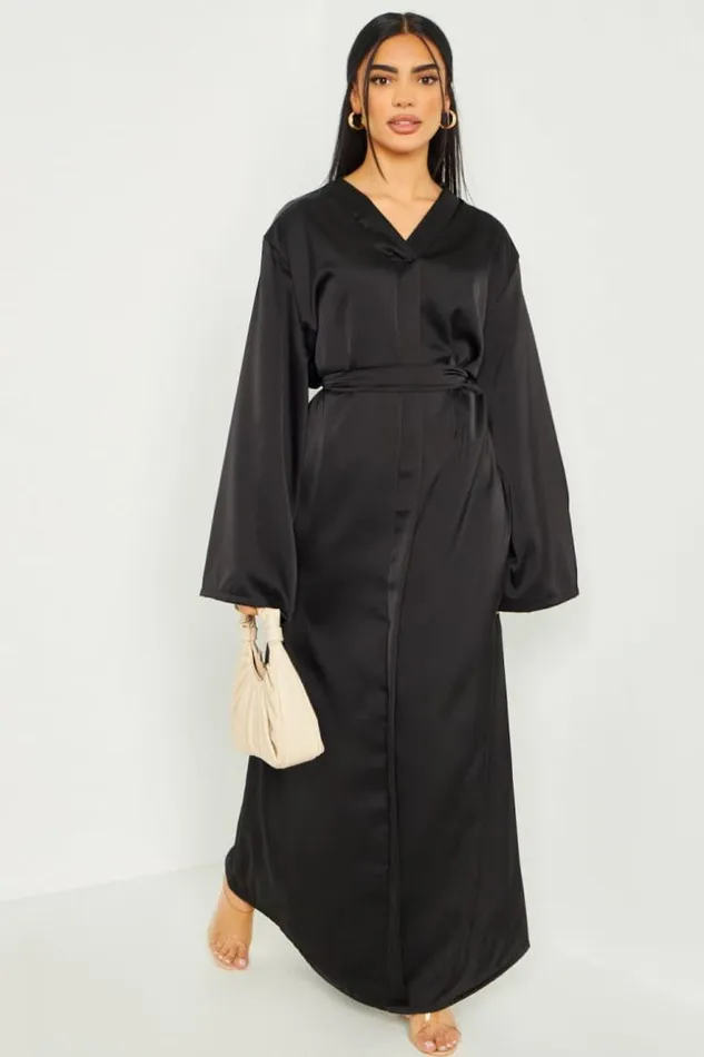 Women Robe Longue Satine Ceinture Noire Black Brentiny Paris Satin Dresses