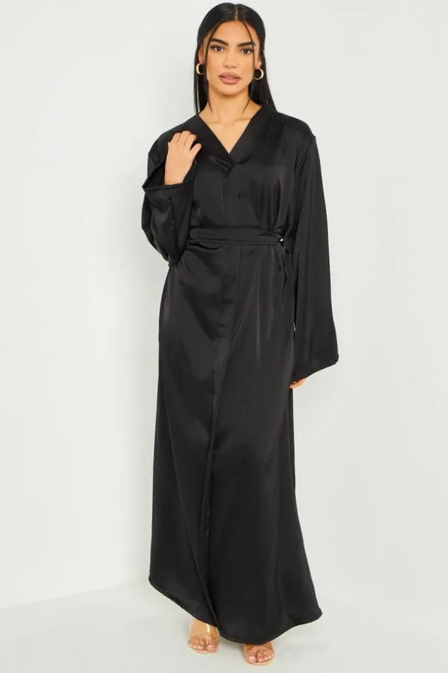 Women Robe Longue Satine Ceinture Noire Black Brentiny Paris Satin Dresses