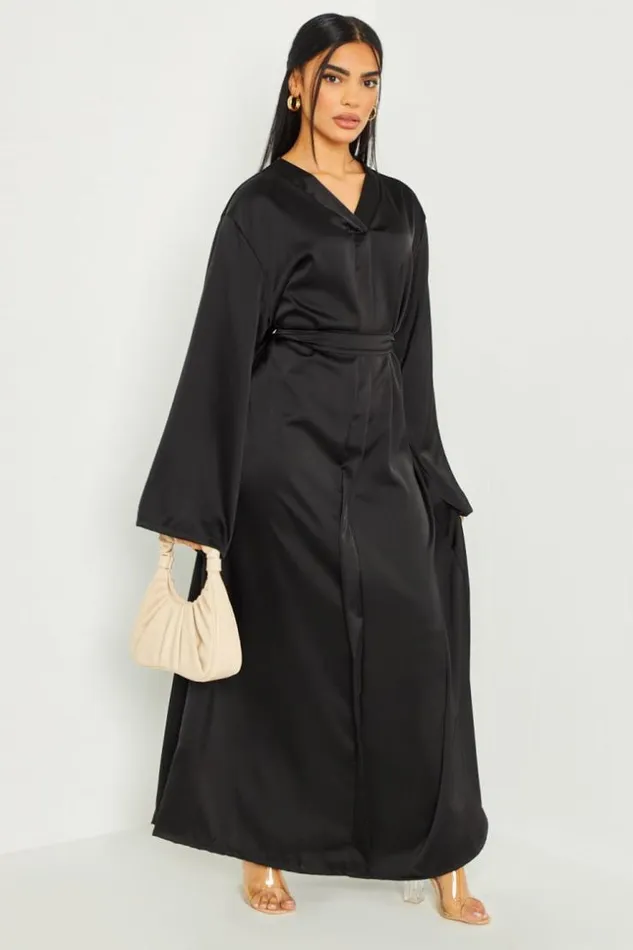 Women Robe Longue Satine Ceinture Noire Black Brentiny Paris Satin Dresses
