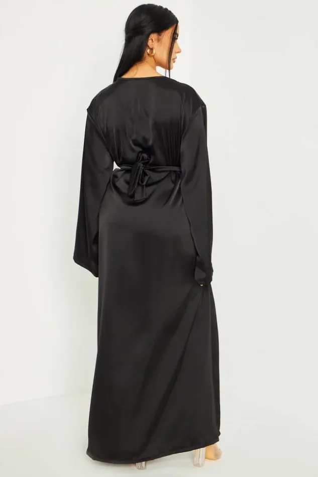 Women Robe Longue Satine Ceinture Noire Black Brentiny Paris Satin Dresses