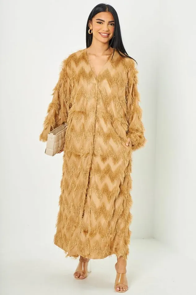 Women Robe Pull Longue En Poils Duveteux Beige Fonc Darkbeige Brentiny Paris Collection Ramadan