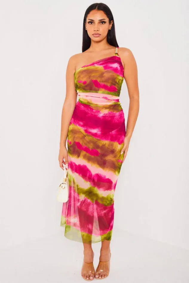 Women Robe Rose One Shoulder En Voile Pink Brentiny Paris Short Dresses