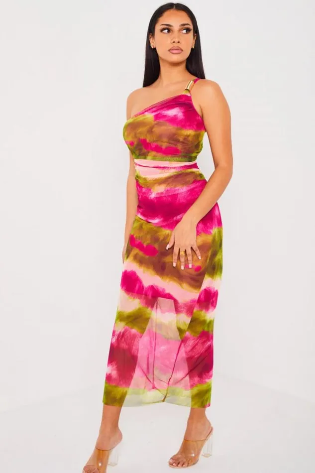 Women Robe Rose One Shoulder En Voile Pink Brentiny Paris Short Dresses
