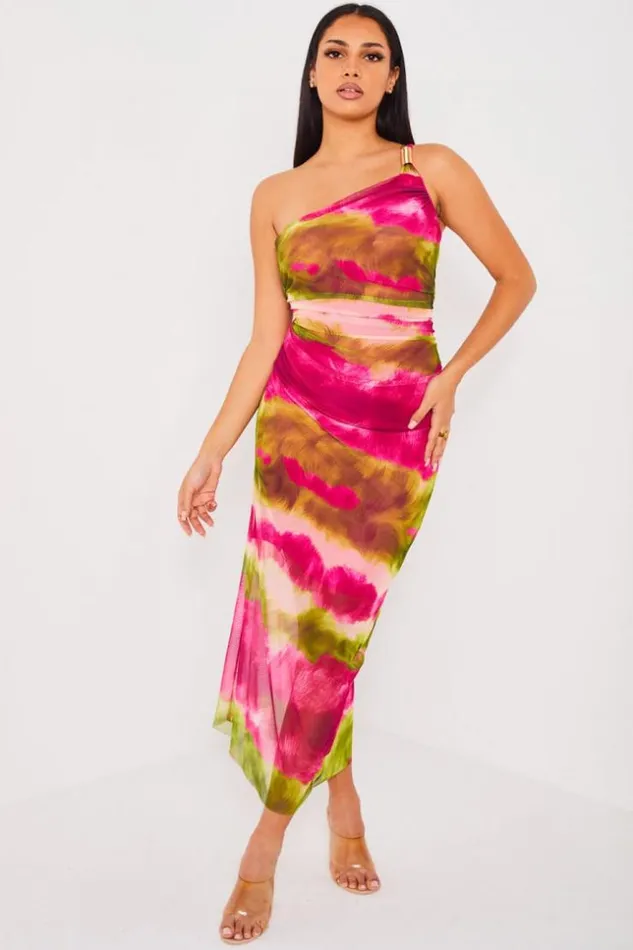 Women Robe Rose One Shoulder En Voile Pink Brentiny Paris Short Dresses