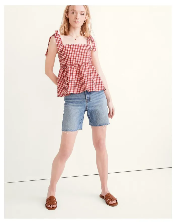 Women Rosalie Tie Strap Top In Seersucker Check Bandana Red Madewell Tops and Shirts