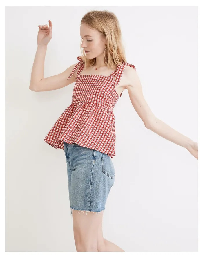 Women Rosalie Tie Strap Top In Seersucker Check Bandana Red Madewell Tops and Shirts Women Rosalie Tie Strap Top In Seersucker Check Bandana Red Madewell Tops and Shirts