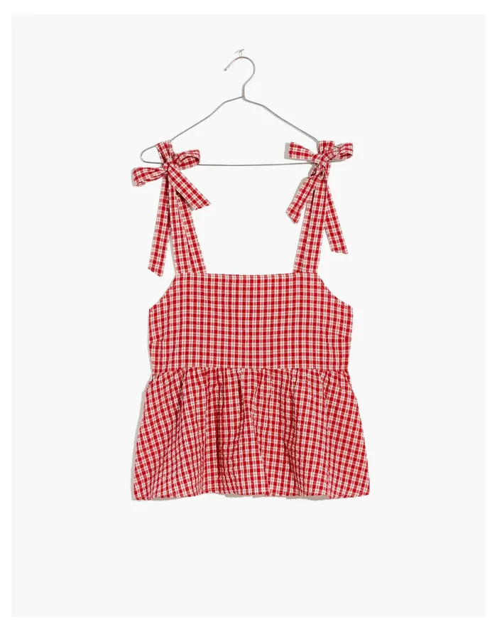 Women Rosalie Tie Strap Top In Seersucker Check Bandana Red Madewell Tops and Shirts Women Rosalie Tie Strap Top In Seersucker Check Bandana Red Madewell Tops and Shirts