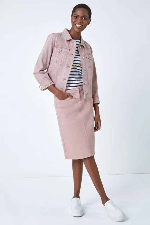 Women Rose Cotton Denim Stretch A Line Skirt Roman Skirts