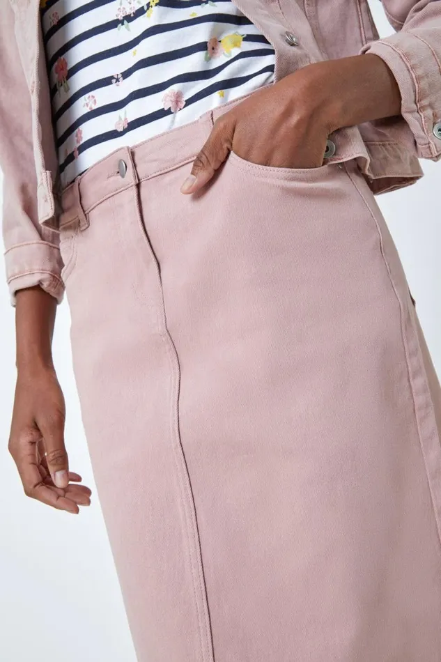 Women Rose Cotton Denim Stretch A Line Skirt Roman Skirts