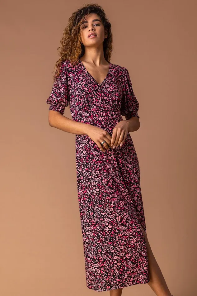 Women Rose Floral Print Puff Sleeve Midi Dress Roman Dresses