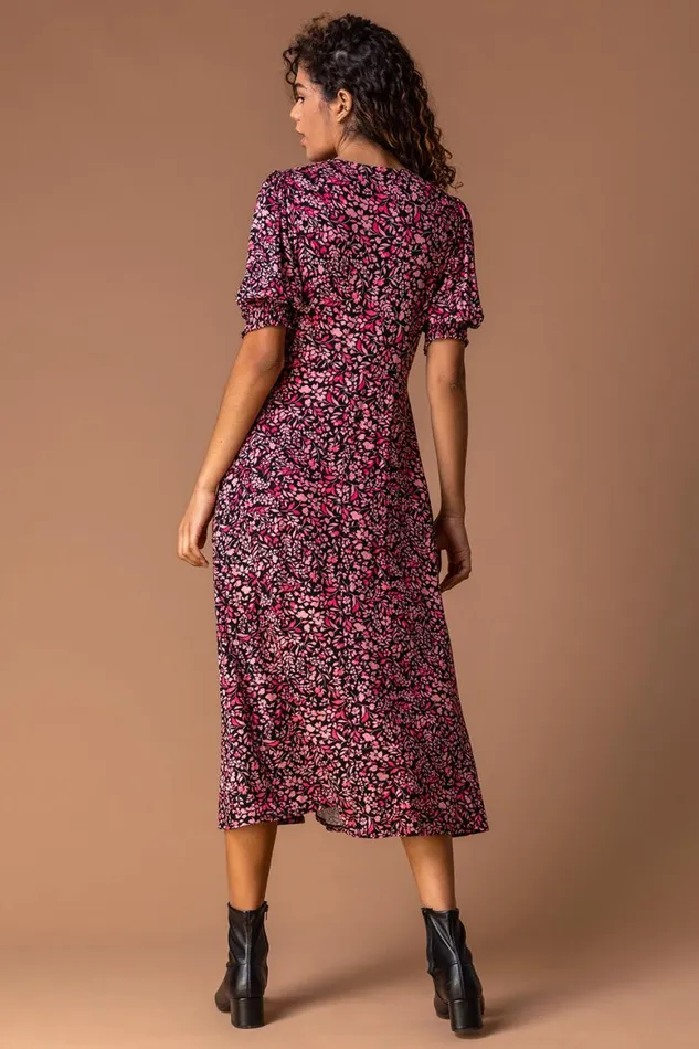 Women Rose Floral Print Puff Sleeve Midi Dress Roman Dresses