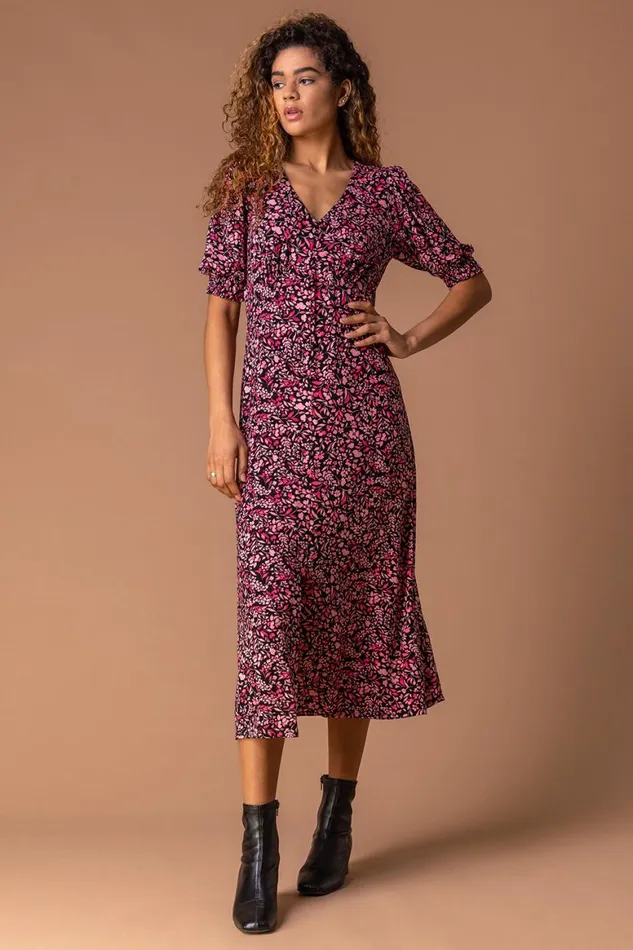 Women Rose Floral Print Puff Sleeve Midi Dress Roman Dresses